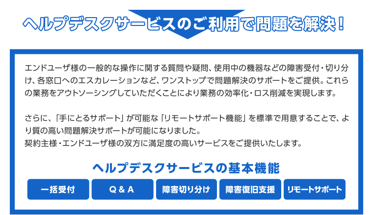 ヘルプデスクサービスのご利用で問題を解決！　エンドユーザ様の一般的な操作に関する質問や疑問、使用中の機器などの障害受付・切り分け、各窓口へのエスカレーションなど、ワンストップで問題解決のサポートをご提供。これらの業務をアウトソーシングしていただくことにより業務の効率化・ロス削減を実現します。さらに、「手にとるサポート」が可能な「リモートサポート機能」を標準で用意することで、より質の高い問題解決サポートが可能になりました。契約主様・エンドユーザ様の双方に満足度の高いサービスをご提供いたします。