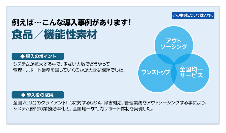 【例えば…こんな導入事例があります！ - 食品／機能性素材】［導入のポイント］システムが拡大する中で、少ない人数でどうやって管理・サポート業務を回していくのかが大きな課題でした。、［導入後の成果］全国700台のクライアントPCに対するQ&A、障害対応、管理業務をアウトソーシングする事により、システム部門の業務効率化と、全国均一な社内サポート体制を実現した。